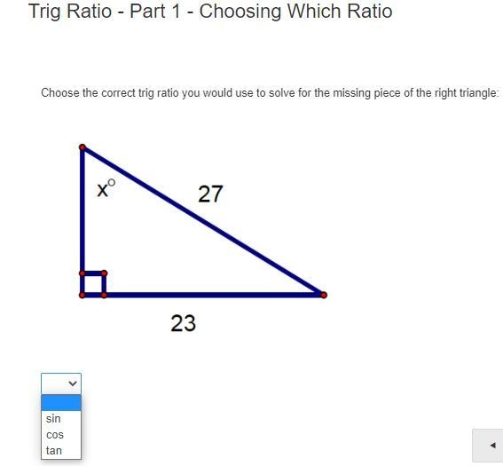 Choose the correct trig ratio you would use to solve for the missing piece of the-example-1