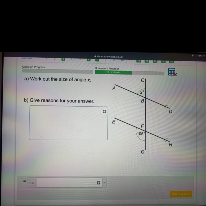 A) work out the size of angle x. b) give reasons for your answer.-example-1