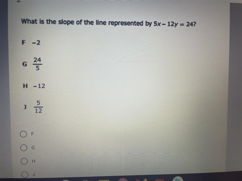 What is the slope of the line represented by 5x - 12y = 24? ￼-example-1