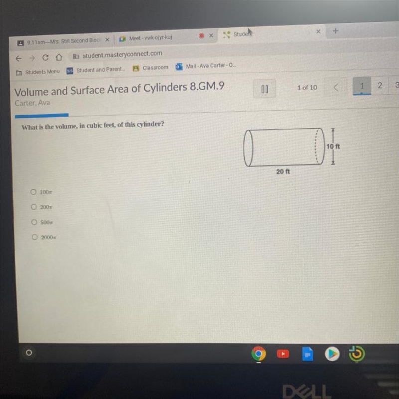 What is the volume, in cubic feet, of this cylinder? 10 ft 20 ft-example-1