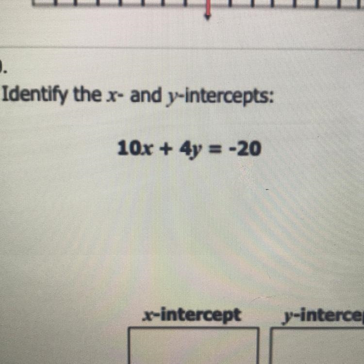 Identify the x- and y-intercepts: 10x + 4y = -20-example-1