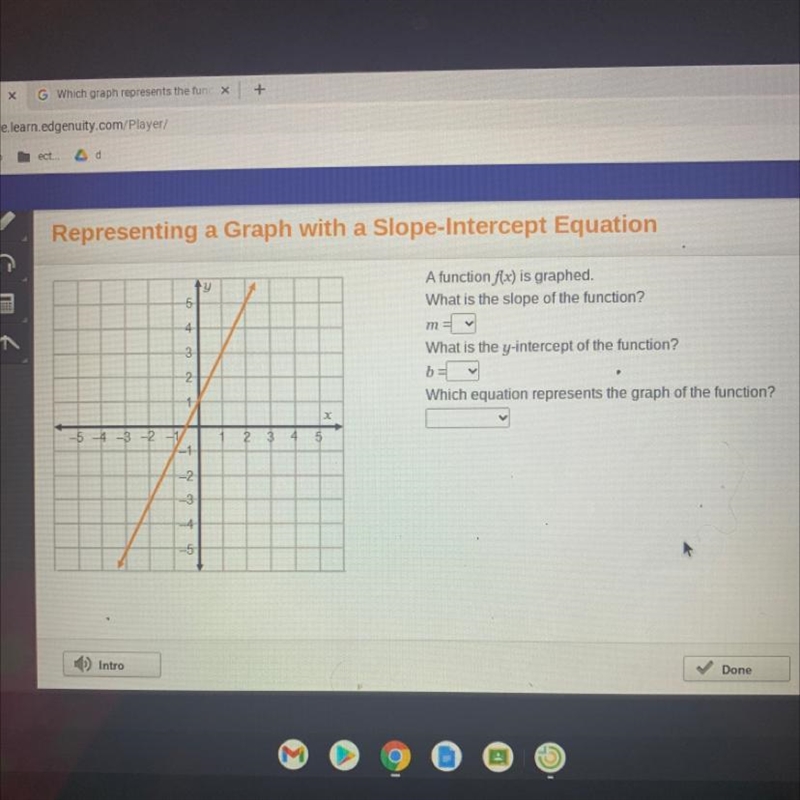 What is the slope of the function? m= What is the y-intercept of the function? b= Which-example-1