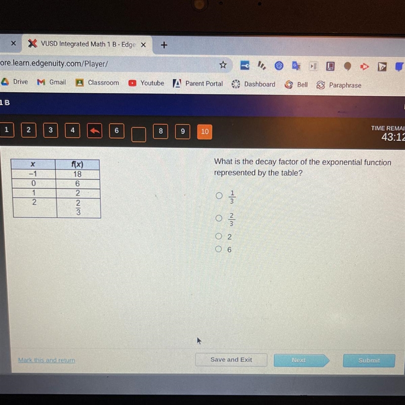 What is the decay factor of the exponential function represented by the table?-example-1