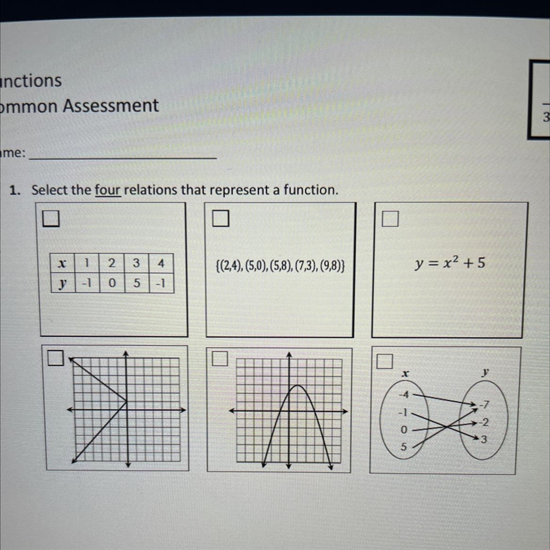 Select the four relations that represent a function.-example-1