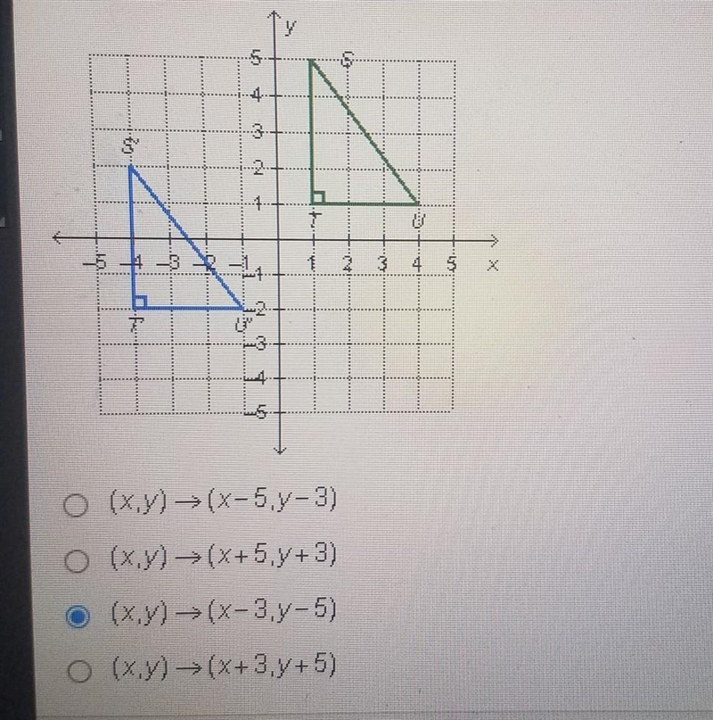 Which rule describes the translation below? A. (x,y) = (x-5,4-3) B. (x,y) → (X+5.7+3) C-example-1