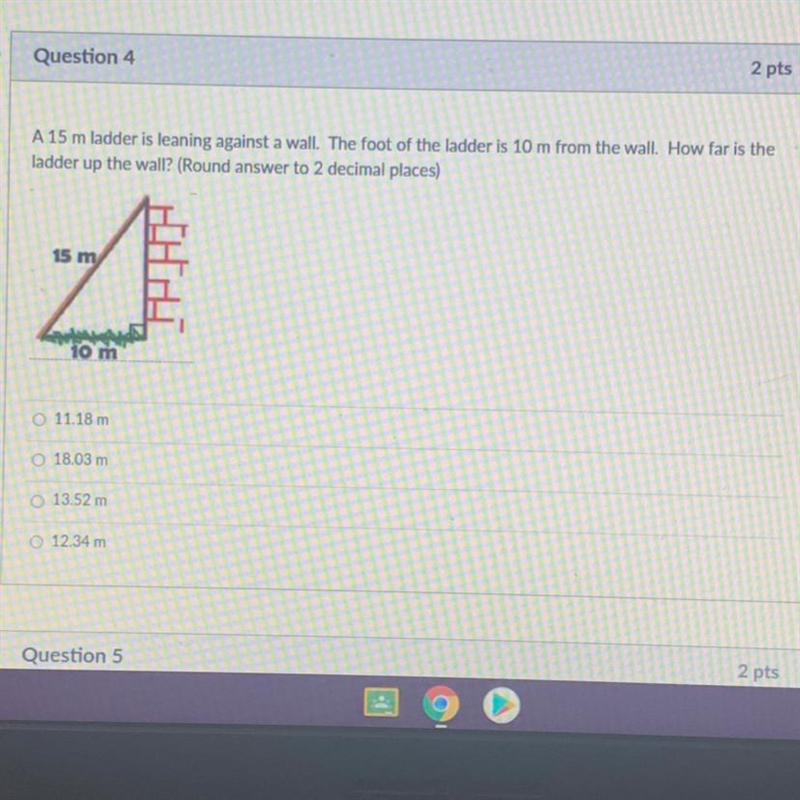 A 15 m ladder is leaning against a wall. The foot of the ladder is 10 m from the wall-example-1