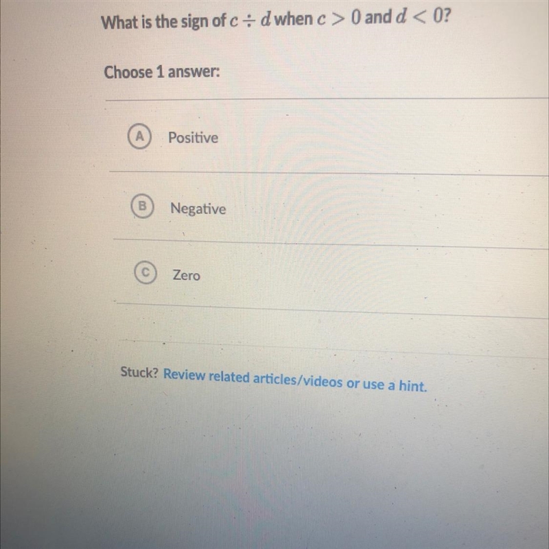 What is the sign of e + d when e > 0 and d 0? Choose 1 answer: Positive Negative-example-1