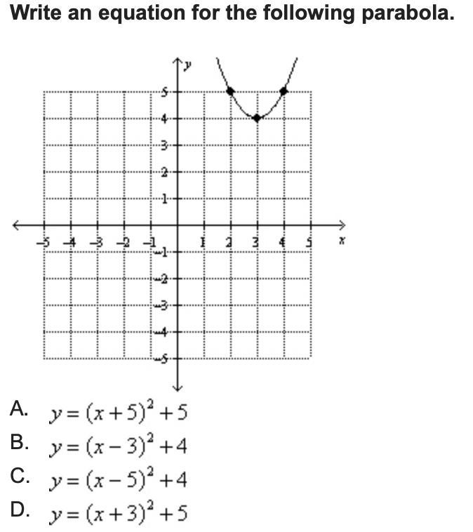 Write an equation for the following parabola. A. (x+5)^2+5 B. (x-3)^2+4 C. (x-5)^2+4 D-example-1