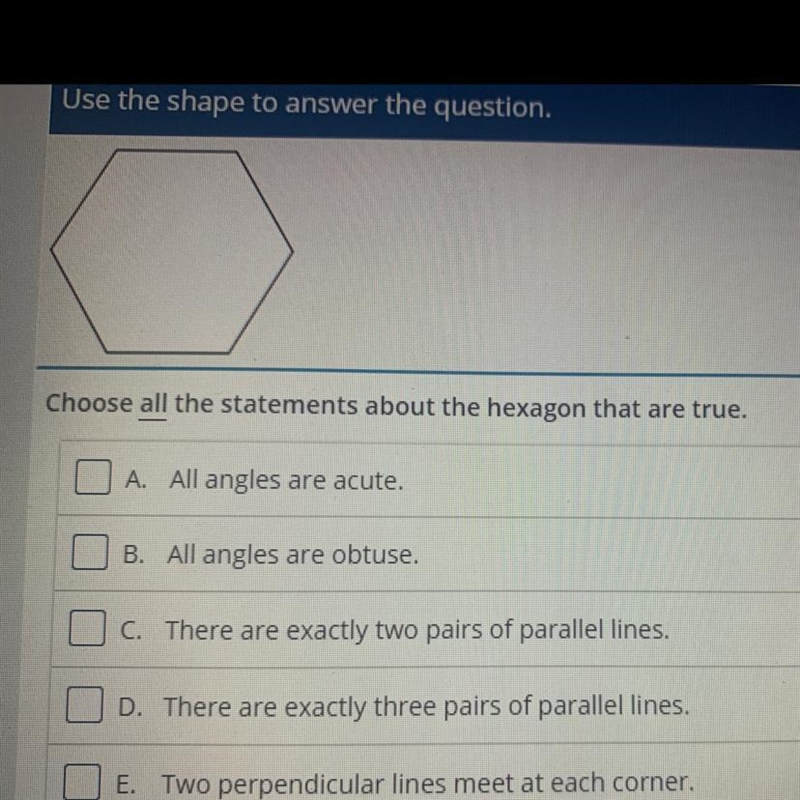 Choose all the statements about the hexagon that are true.-example-1