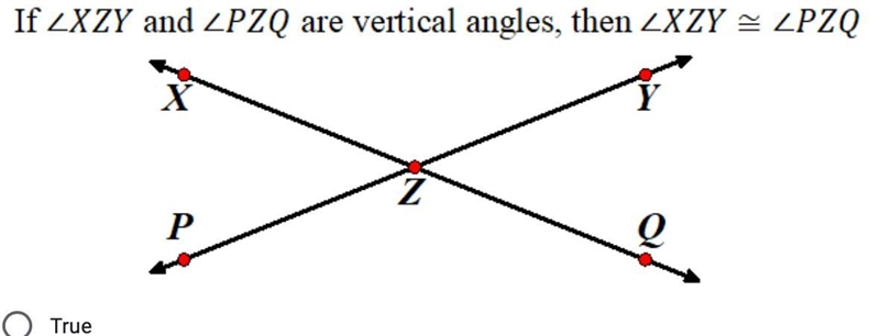 True or False, ∠XZY and ∠PZQ are vertical angles, then ∠XZY≅∠PZQ-example-1