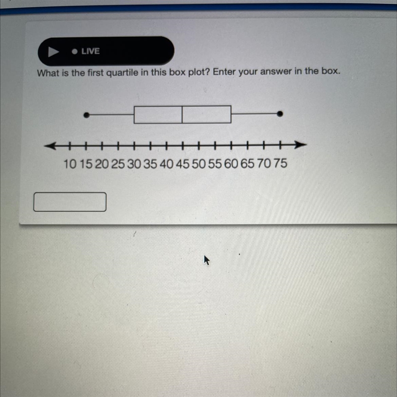 What is the first quartile in this box plot? Enter your answer in the box. +++++++++++++++ 10 15 20 25 30 35 40 45 50 55 60 65 70 75 PLS-example-1