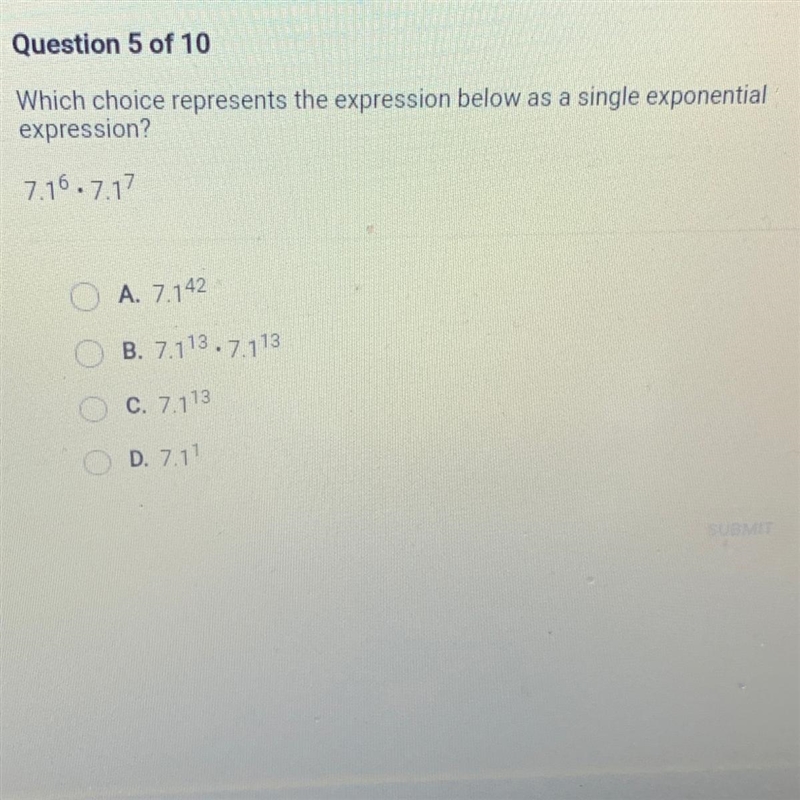 Which choice represents the expression below as a single exponential expression? 7.16.7.17 A-example-1