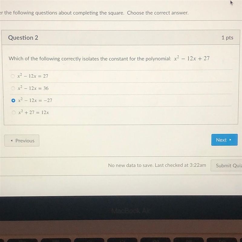 Which of the following correctly isolates the constant for the polynomial: x2 – 12x-example-1