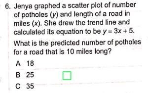 Jenya graphed a scatter plot of number of potholes (y) and length of a road in miles-example-1