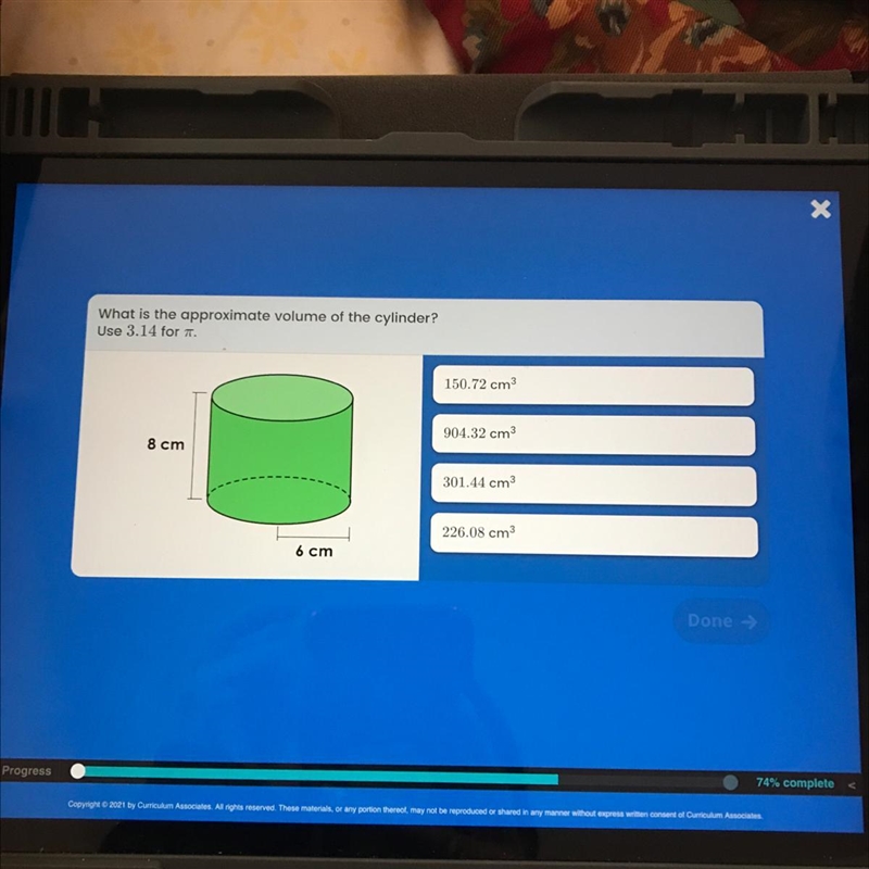 What is the approximate volume of the cylinder?-example-1