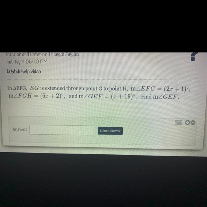 In EFG, EG is extended through point G to point H, m< EFG (2x+1), m-example-1