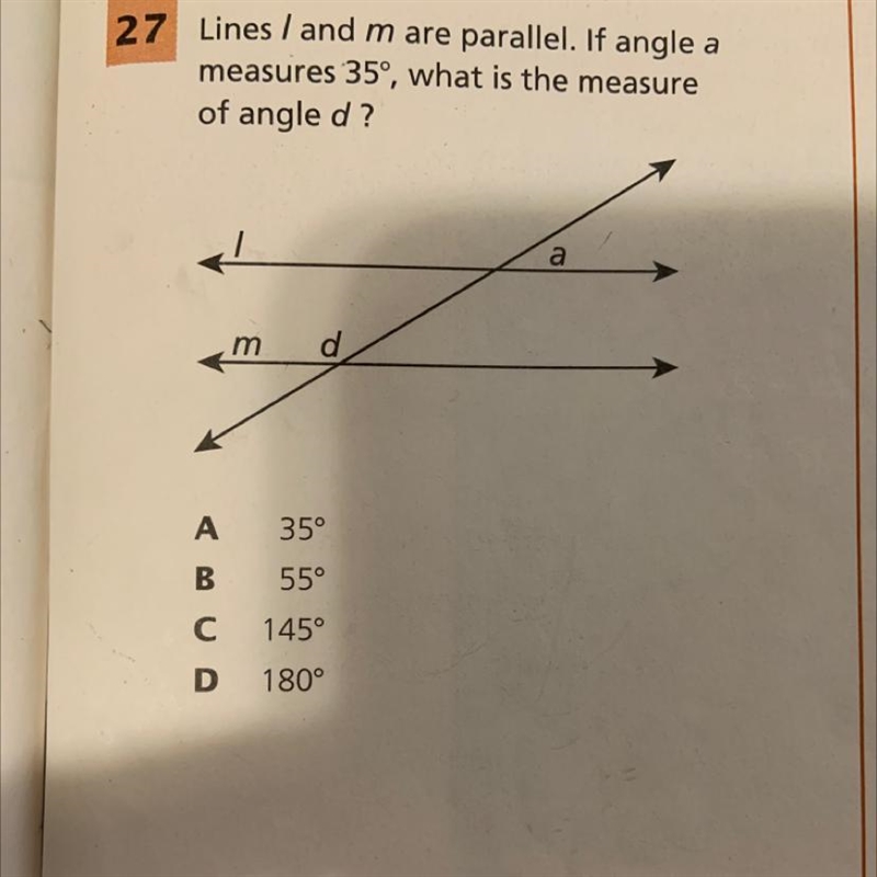 Lines I and m are parallel. If angle a measures 35°, what is the measure of angle-example-1