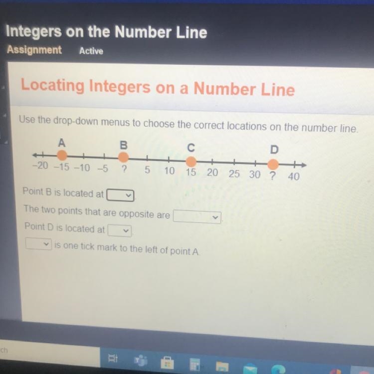 Use the drop-down menus to choose the correct locations on the number line. Point-example-1