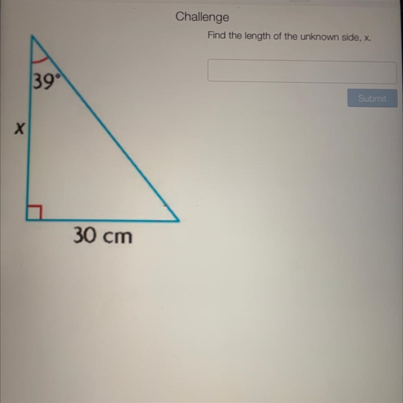 Find the length of the unknown side, x.-example-1