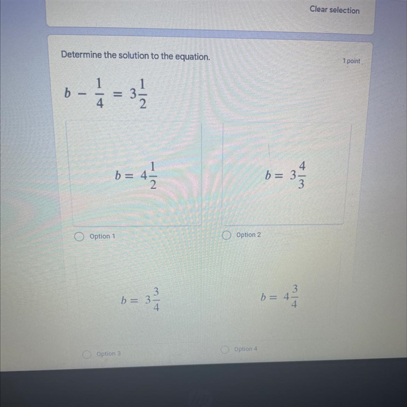 Determine the solution to the equation B - 1/4 = 3 1/2-example-1