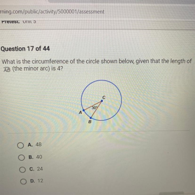 What is the circumference of the circle shown below, given that the length of AB (the-example-1