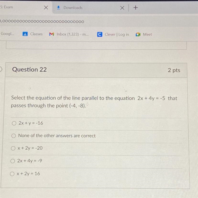 Select the equation of the line parallel to the equation 2x+4t=-5 that passes through-example-1