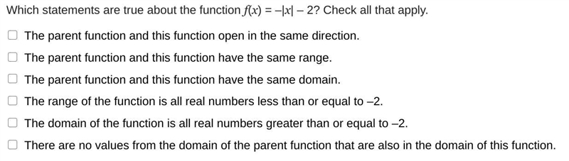 Which statements are true about the function f(x) = –|x| – 2? Check all that apply-example-1