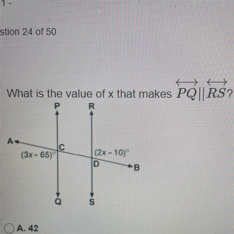 What is the value of x that makes PQ || RS a. 42 b. 55 c. 51 d. 100 pls give a step-example-1