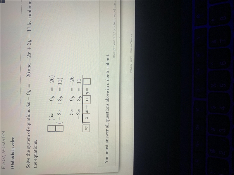 5x-9y=-26 and -2x+3y=11 combing the equations-example-1