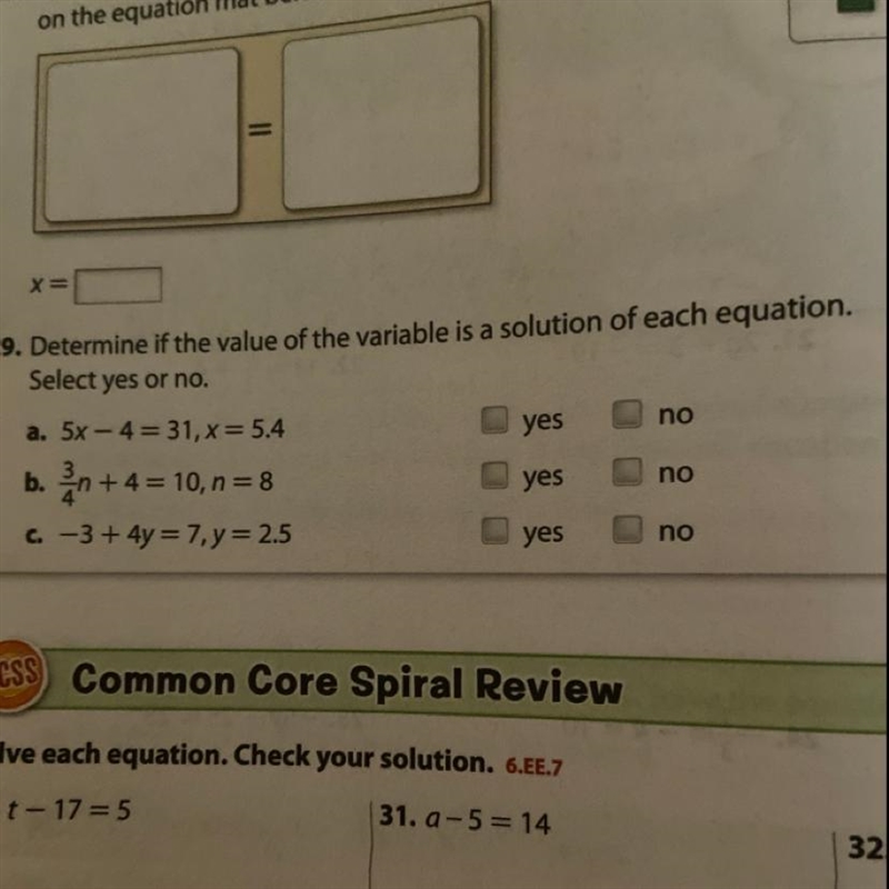 No 29. Determine if the value of the variable is a solution of each equation. Select-example-1