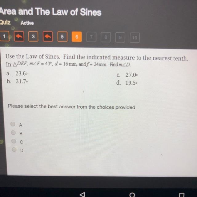 Use the Law of Sines. Find the indicated measure to the nearest tenth In ADEF, mZF-example-1