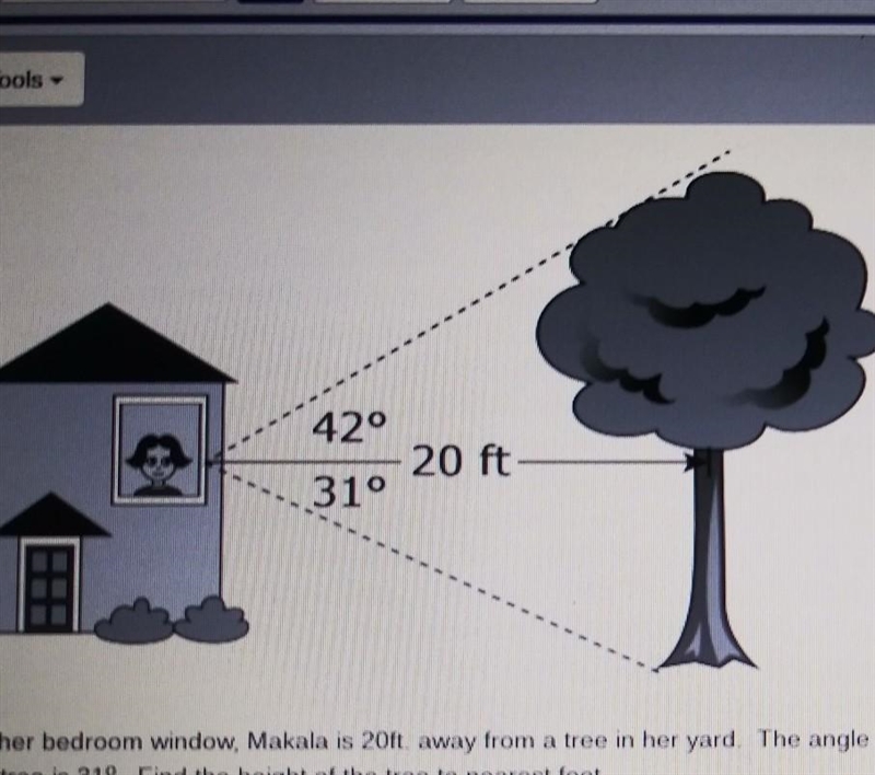 HELP ASAP !!!!!! From her bedroom window, Makala is 20ft. Away from a tree in her-example-1