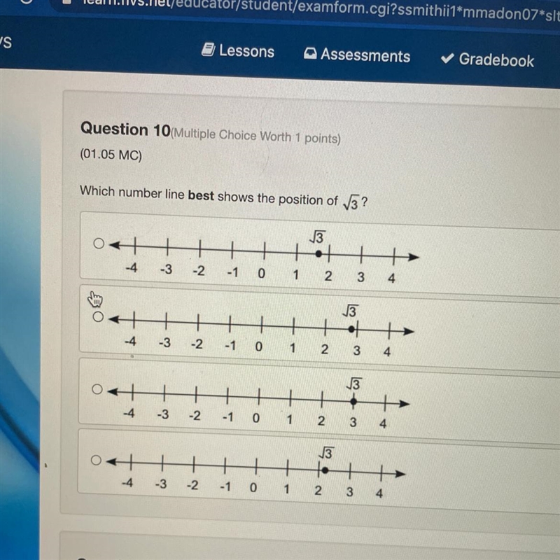 Which number line best shows the position of square root of 3 HURRRYYY PLEASE-example-1