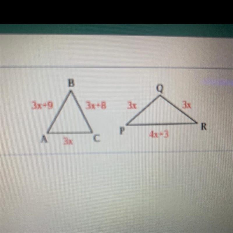 The permeters of the triangles shown are equal. Find the side lengths of each triangle-example-1