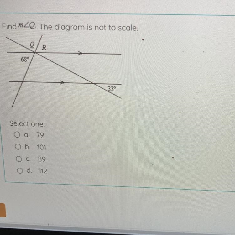 Find m20. The diagram is not to scale. R 689 33° Select one: O a. 79 O b. 101 O c-example-1