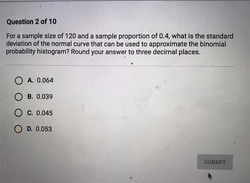 For a sample size of 120 and a population parameter of 0.4, what is the standard deviation-example-1