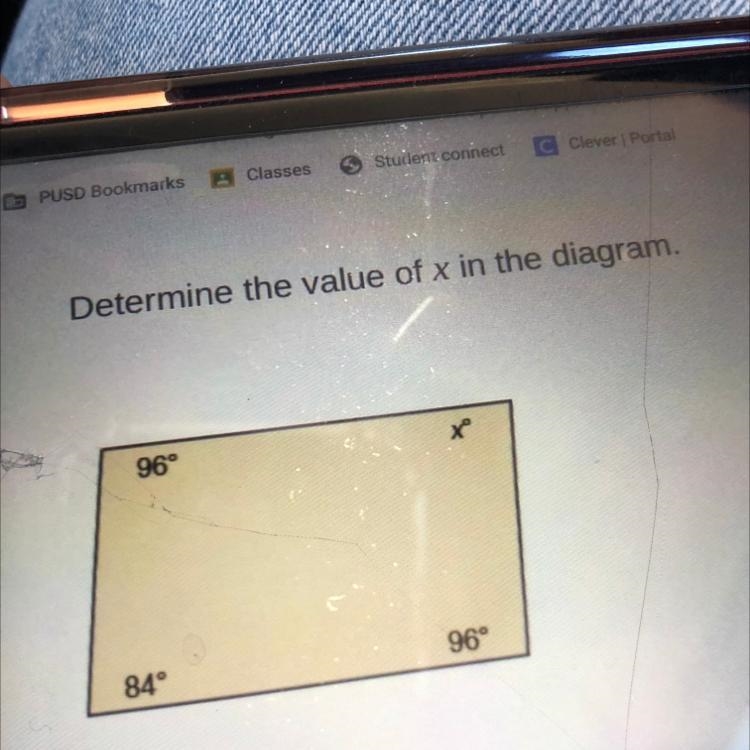 Determine the value of x in the diagram. 96° X 84° 96°-example-1