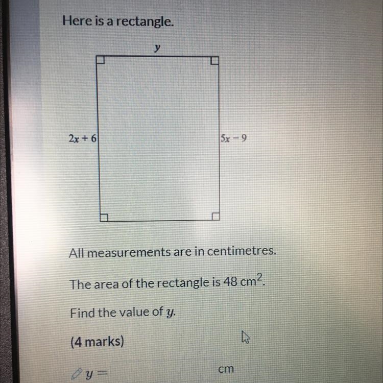 Here is a rectangle all measurement are in centimetres the area is 48cm^2 find the-example-1