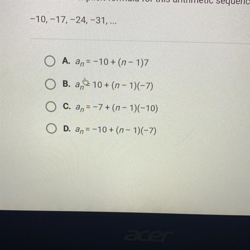 What is the explicit formula for this arithmetic sequence? -10,-17, -24, -31, ...-example-1