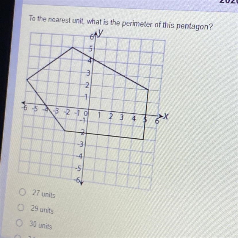 To the nearest unit, what is the perimeter of this pentagon? 27 units 29 units 30 units-example-1