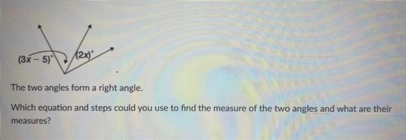 O (3x - 5) + 2x = 90 5x - 5 = 90 5x = 85 x = 17 The angle measures are 34 degrees-example-1