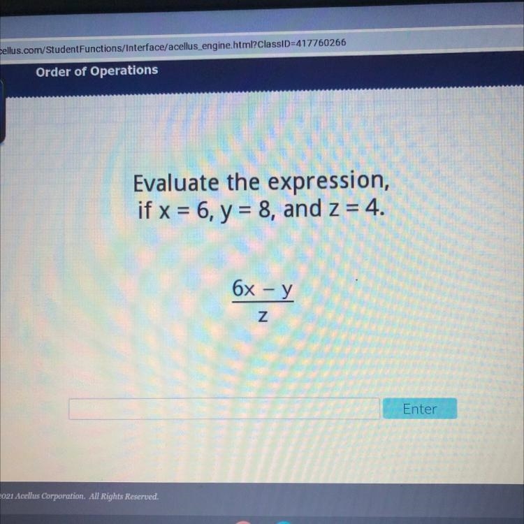 Evaluate the expression, if x = 6, y = 8, and z = 4. 6x - y Z-example-1