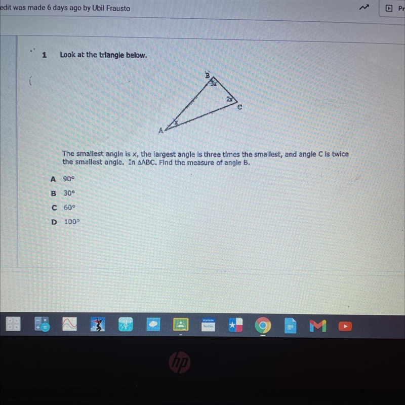 1 Look at the triangle below. 37 23 The smallest angle is x, the largest angle is-example-1