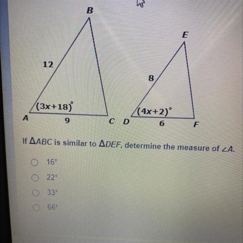 Determine the measure of angle A-example-1