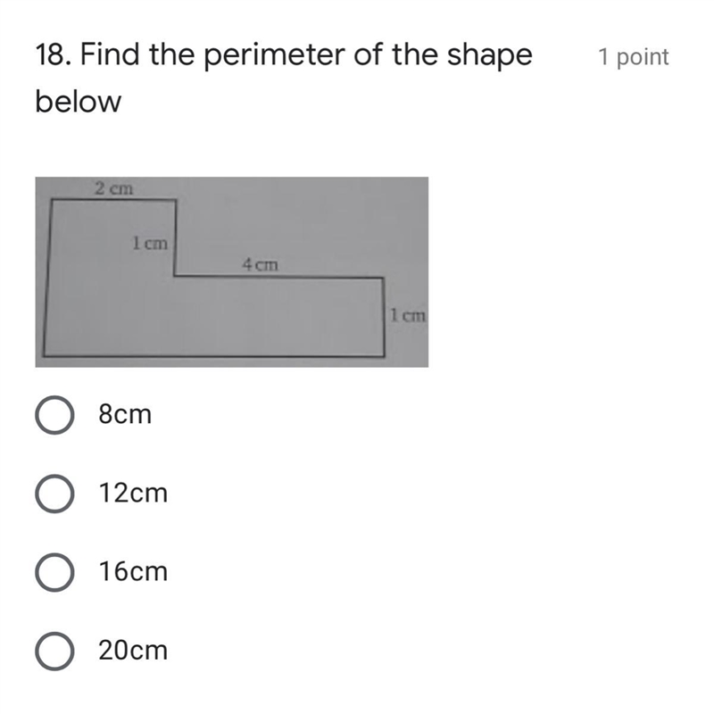 Find the perimeter of the shape in the image A) 8cm B) 12cm C) 16cm D) 20cm-example-1