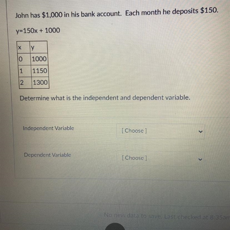 john has $1,000 in his bank account. each month he deposits $150 y=150x + 1000 determine-example-1