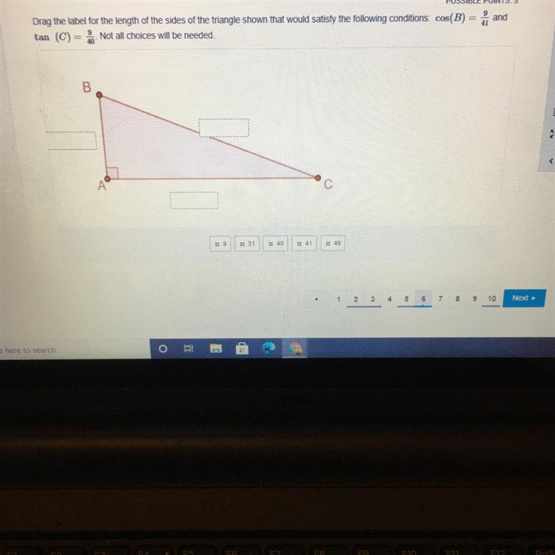 Drag the label for the length of the sides of the triangle shown that would satisfy-example-1