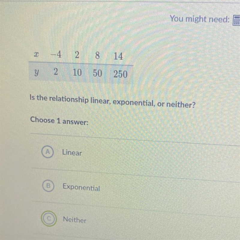 Is the relationship linear, exponential, or neither?-example-1