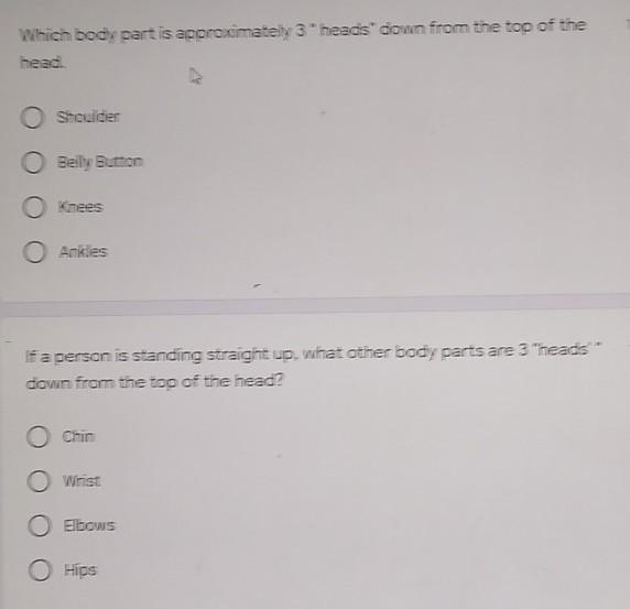 Which body part is approximately 3 "heads" down from the top of the head-example-1