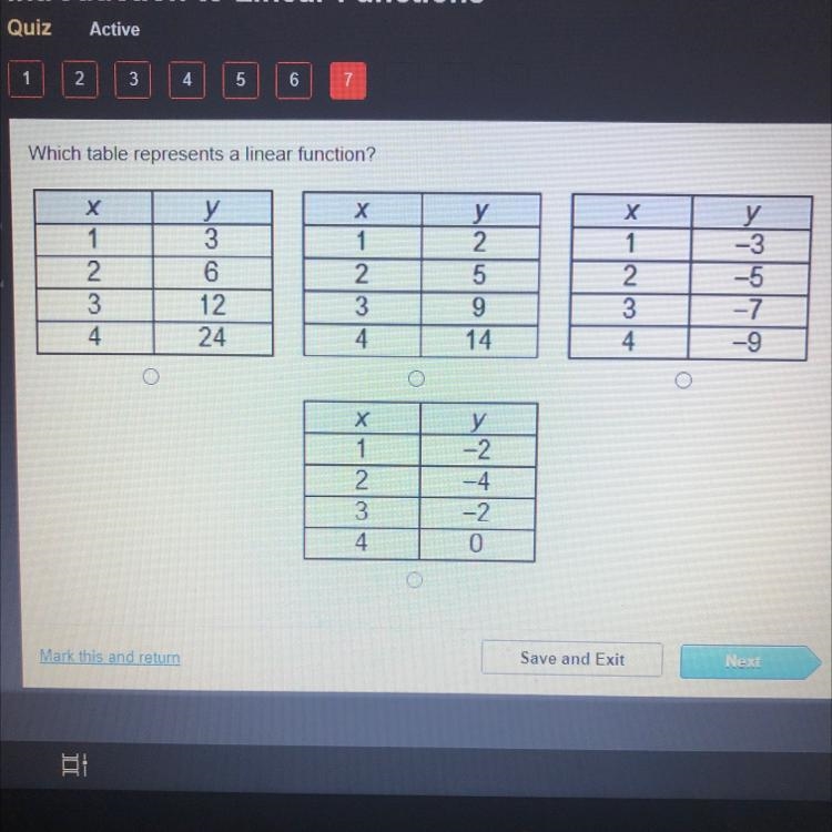 Which table represents a linear function?-example-1